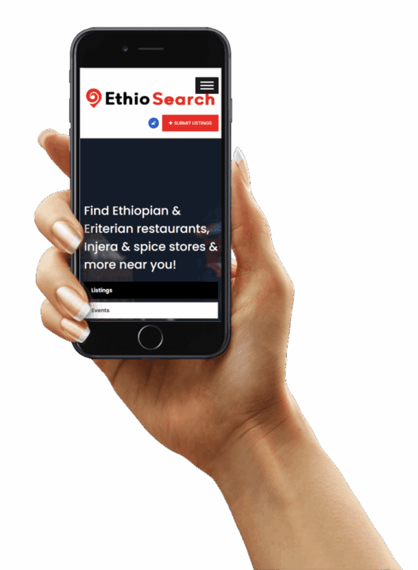 EthioSearch mobile app mockup showing Ethiopian and Eritrean business listings in Canada