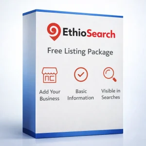 EthioSearch Free Listing Package showing add your business, basic information, and visible in searches features.