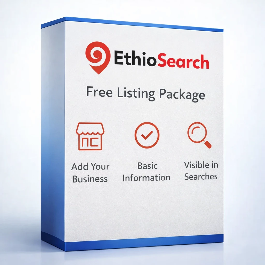 Free Listing — Community Starter 1 EthioSearch Free Listing Package showing add your business, basic information, and visible in searches features.