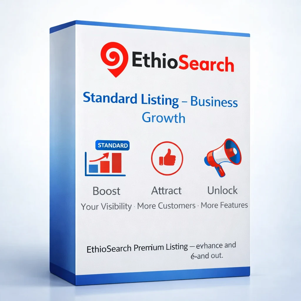 Standard Listing — Business Growth 1 EthioSearch Standard Listing business directory package showing boost visibility, attract more customers, and unlock more features.