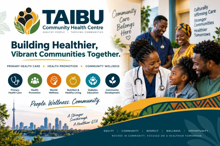 TAIBU Community Health Centre banner promoting culturally affirming community health care, health promotion, mental wellness, nutrition, diabetes education, and community development, featuring healthcare providers, a family, and the Toronto skyline.