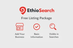 Pricing Tables 1 EthioSearch free listing package showing how Ethiopian and Eritrean businesses can add their business, provide basic information, and appear in search results