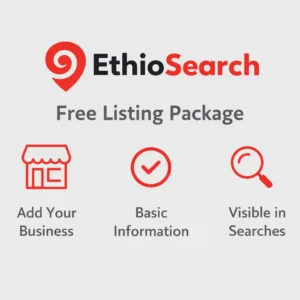 EthioSearch free listing package showing how Ethiopian and Eritrean businesses can add their business, provide basic information, and appear in search results