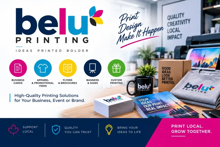 Belu Printing promotional banner showcasing professional printing services, including business cards, apparel and promotional items, flyers and brochures, banners and signs, and custom printing, with colorful printed materials and a modern print-shop setting.