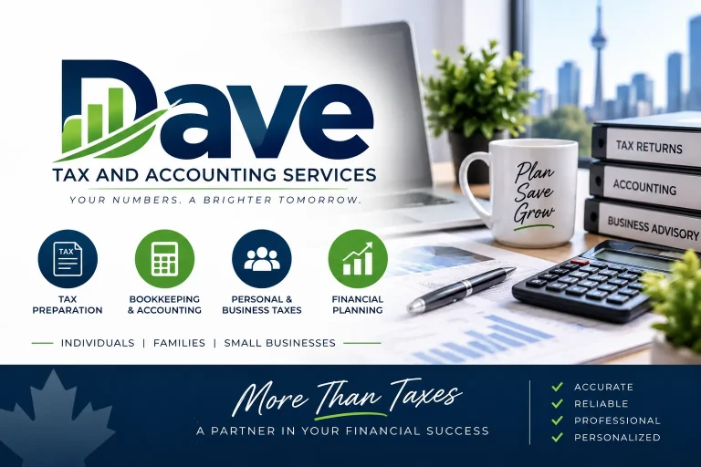 “Dave Tax and Accounting Services banner featuring tax preparation, bookkeeping and accounting, personal and business taxes, and financial planning, with a professional office setting and Toronto skyline in the background.”