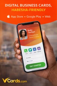 VCarrds digital business card platform showing a smartphone-based contact card