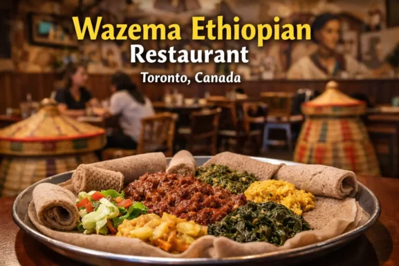 Traditional injera platter at Wazema Ethiopian Restaurant in Toronto