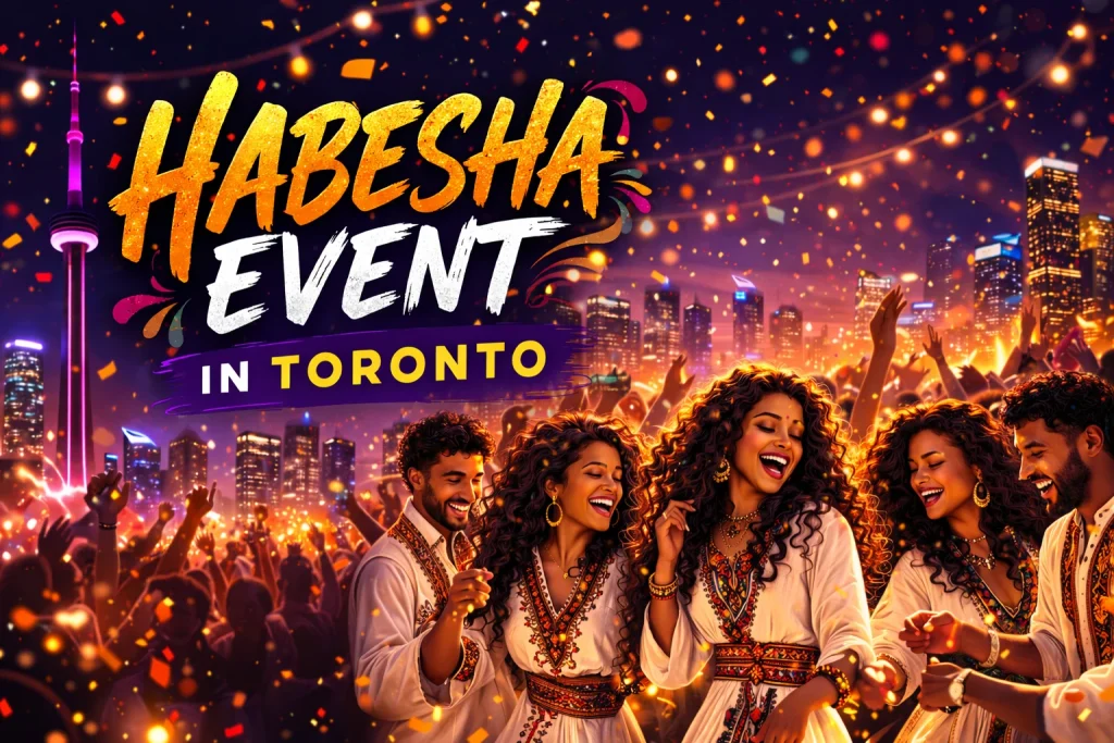 Habesha cultural event in Toronto featuring Ethiopian and Eritrean dancers in traditional clothing with the Toronto skyline in the background